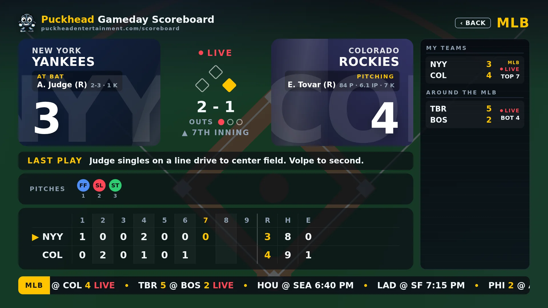 Live baseball game screen with bases, count, pitches, and ticker