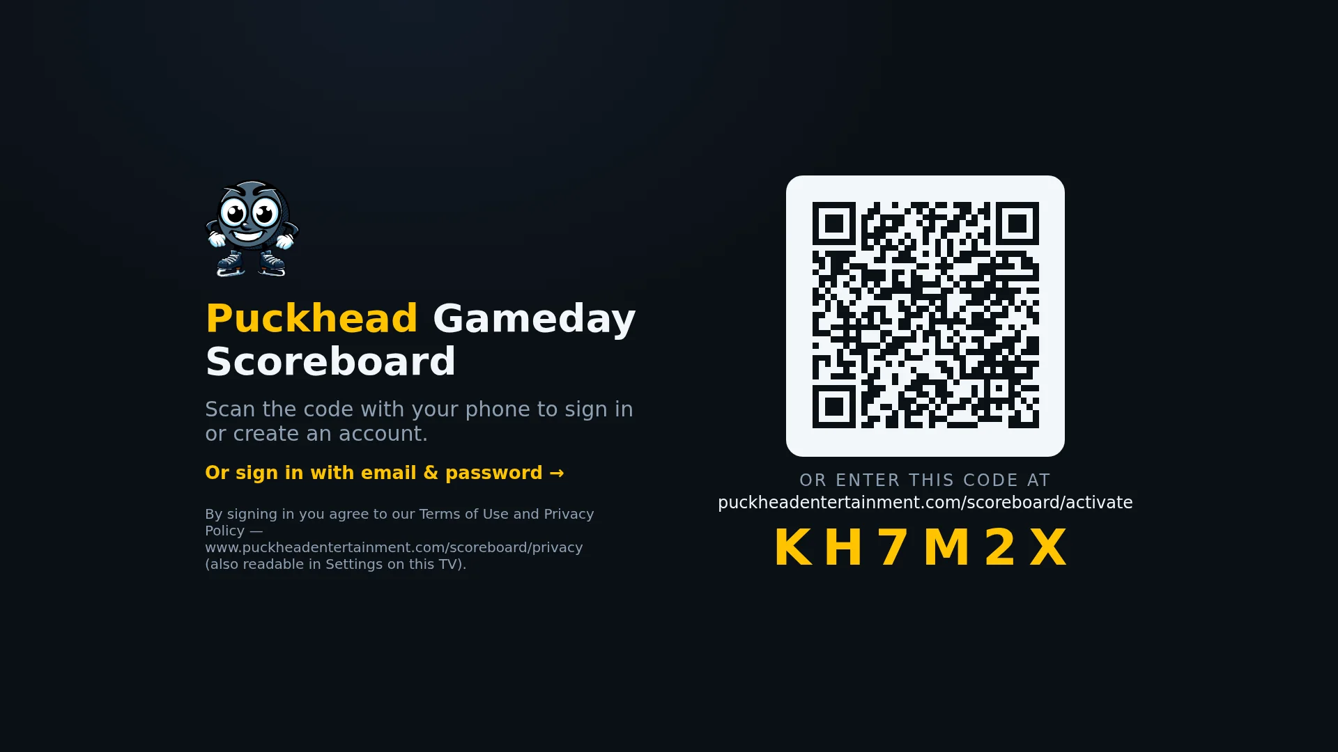 TV sign-in screen with QR code and activation code