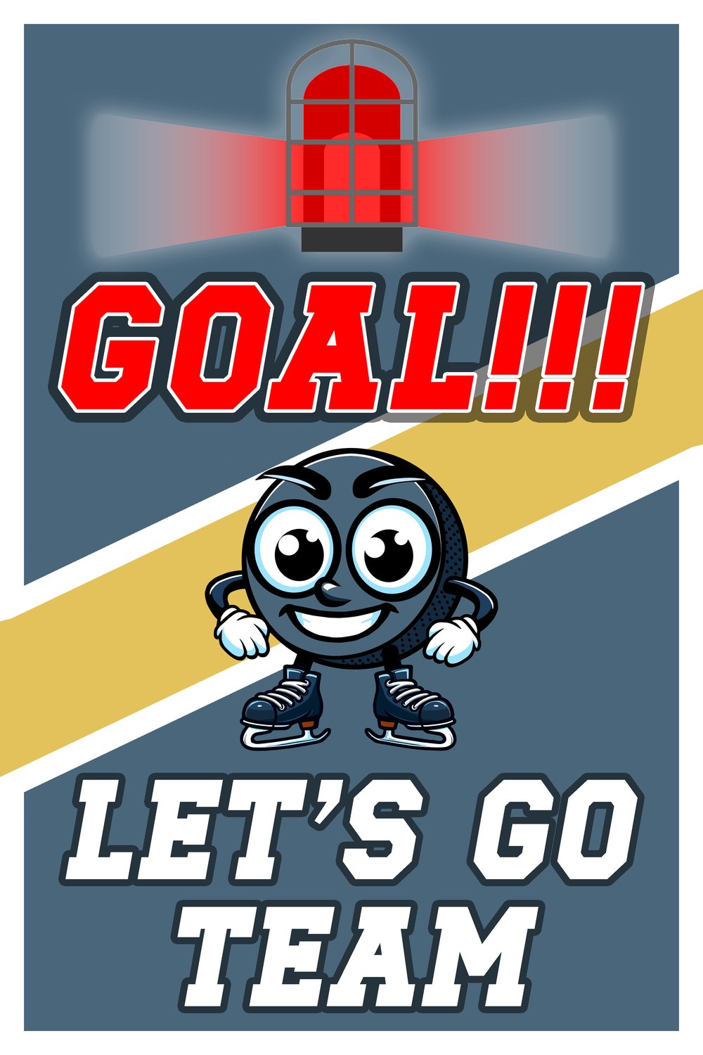 LED score-connected sign: goal lamp lit, GOAL!!! and the Puckhead mascot
